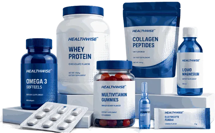 Healthwise product range — whey protein, omega 3 softgels, collagen peptides, multivitamin gummies, liquid magnesium